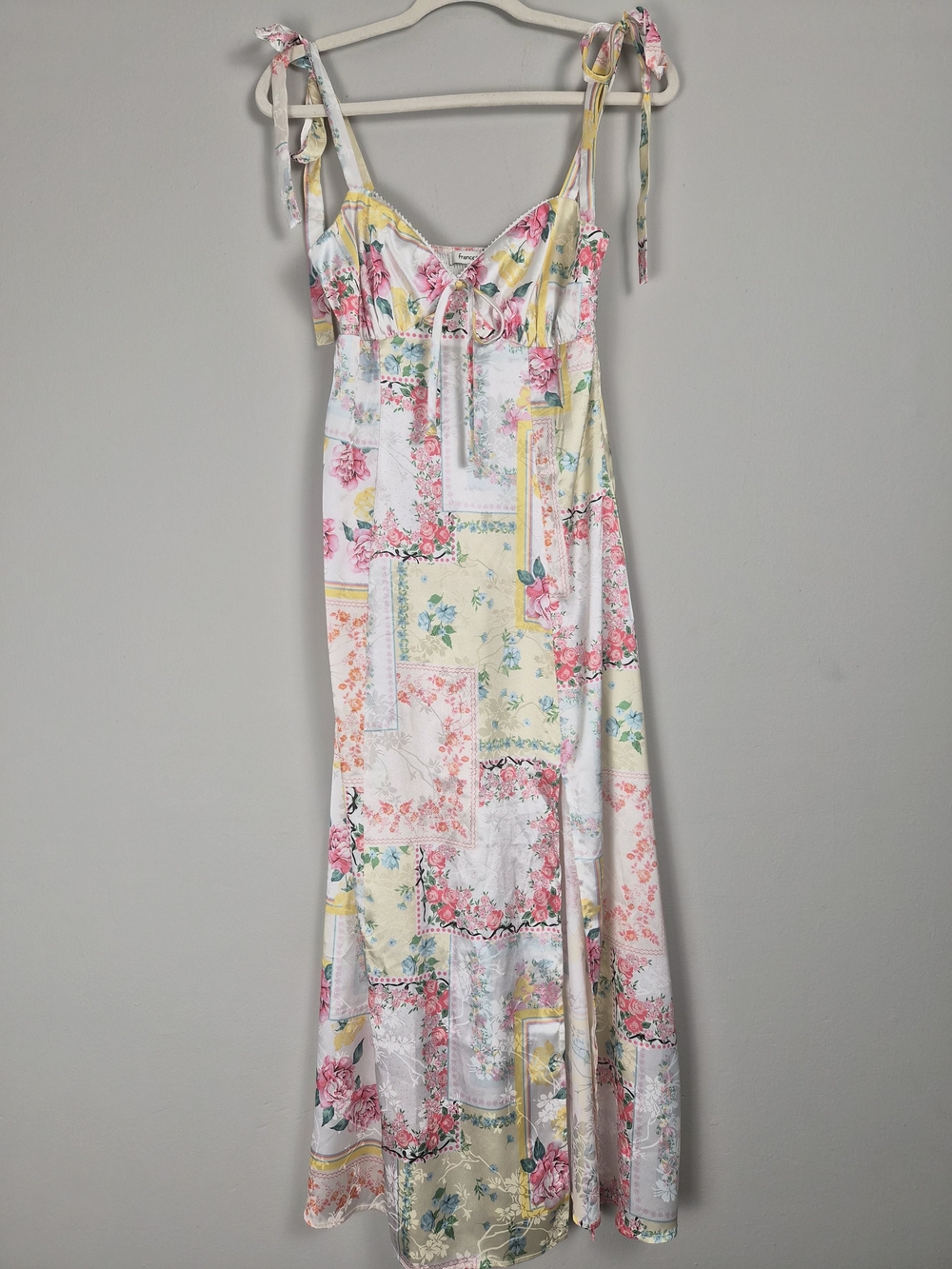 Francesca’s Cottagecore Patchwork Floral Satin Maxi Dress M Coquette Tie Strap